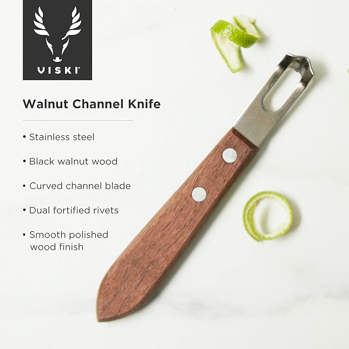 Viski Channel Knife, Citrus Zester and Orange Peeler Tool, Walnut Wood and Stainless Steel Bar Tool for Cocktail Garnishes, Perfect for Home Bars, Craft Cocktails and Bartender Gifts, Set of 1