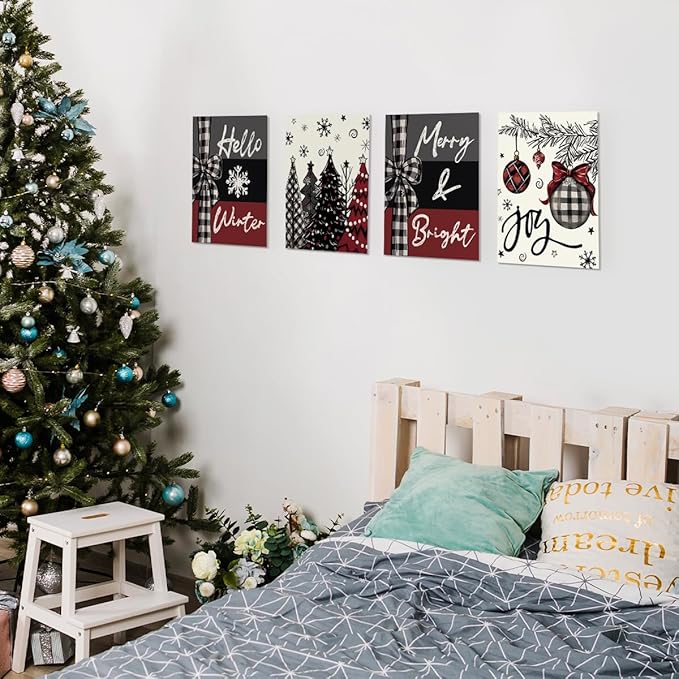 Wheatwin Winter Christmas Decor Wall Art Prints Set of 4, Christmas Tree Wall Decor, Hello Winter Xmas Merry Christmas Decor for Home Bedroom Living Room, 8x10 (Unframed)