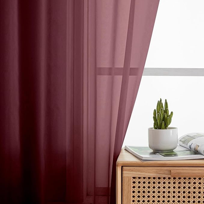 Aiyufeng Sheer Window Curtain Panels 96 Inch Long 2 Pieces, Voile Top Dual Rod Pocket Breathable Fashion Drapes Window Treatment for Wedding Ceremony/Bedroom/Living Room, 40W x 96L inches, Burgundy