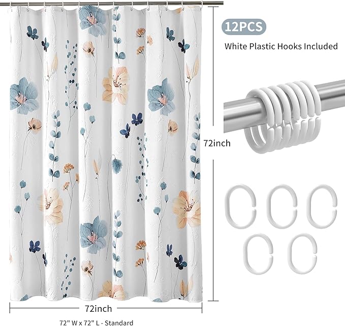 QiyI Watercolor Floral Shower Curtain, 3D Embossed Butterflies Blue Beige Flower Bathroom Curtain, Minimalist White Cloth Bath Curtain, Waterproof Fabric Textured Shower Curtain Set with Hooks, 72x72