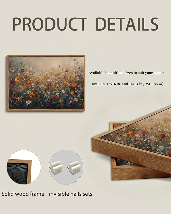 KISSFOX Vintage Framed Wall Art Farmhouse Dreamy Wildflower Field Canvas Art Colorful Daisy Floral Paintings Artwork Natural Rustic Art Prints For Bedroom Bathroom Living Room