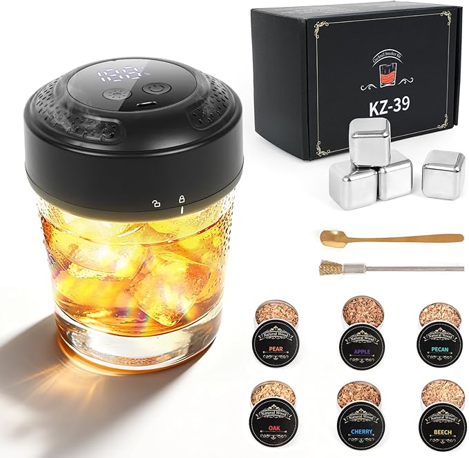 Electric Whiskey Smoker Kit with LED Lights Old Fashioned Drink Smoker Kit 6 Wood Chips 4 Ice Stone Cocktail Smoker Kit No Butane Needed Bourbon Whiskey Gifts for Men Dad Husband