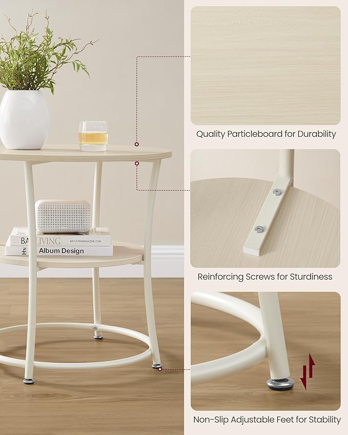 VASAGLE Side Table, 2-Tier Round End Table, Nightstand with Steel Frame for Small Spaces, Living Room, Bedroom, Natural Beige
