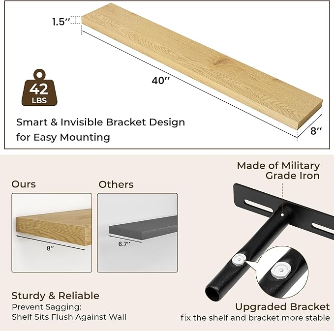 RICHFOCUS 40Inch Floating Shelves for Wall 2 Pack Shelves for Bedroom|Kitchen|Bathroom Wall Mounted Rustic Wood Floating Shelf with Invisible Brackets for Books|Storage|Decor, Oak
