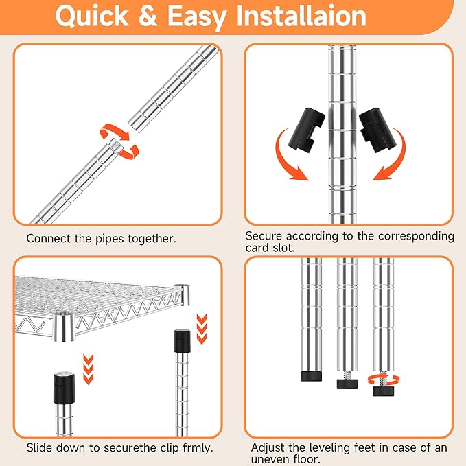 4 Tiers Storage Shelves Load 1400LBS, Metal Shelving Wire Metal Shelving Unit Shelves for Storage Adjustable Garage Shelving for Pantry Kitchen Garage Chrome 17.7" D x 47.3" W x 62.7" H