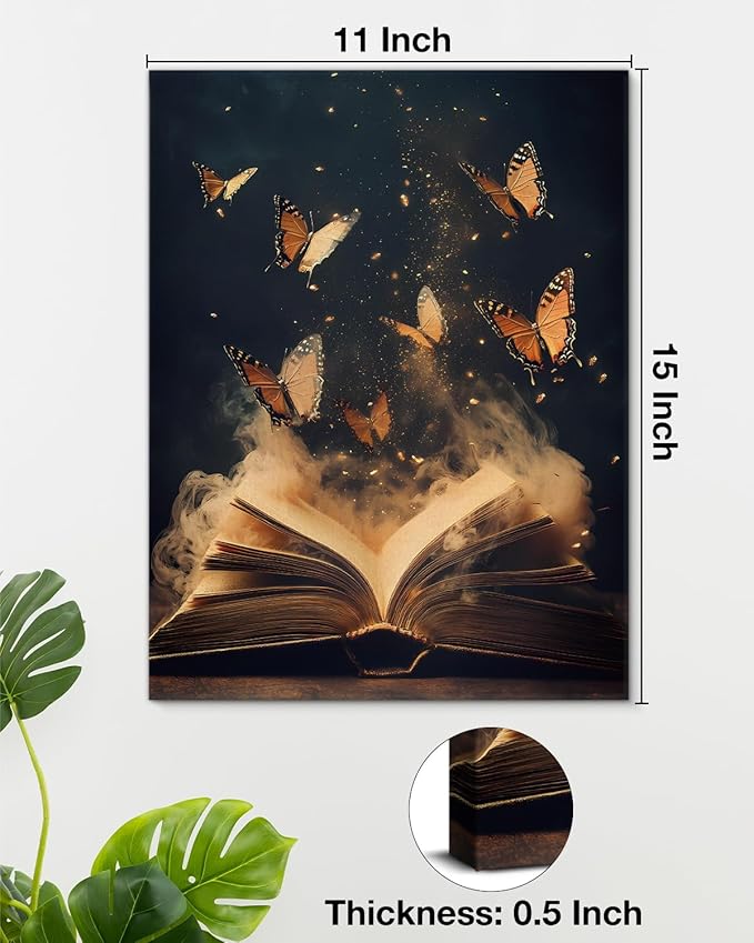 Aesthetic Book Butterflies Wall Art Decor Vintage Dark Academia Canvas Print Poster Framed Picture Painting for Home Reading Corner Library Decor 11x15 Inch, Gifts for Book Lovers Bookworms
