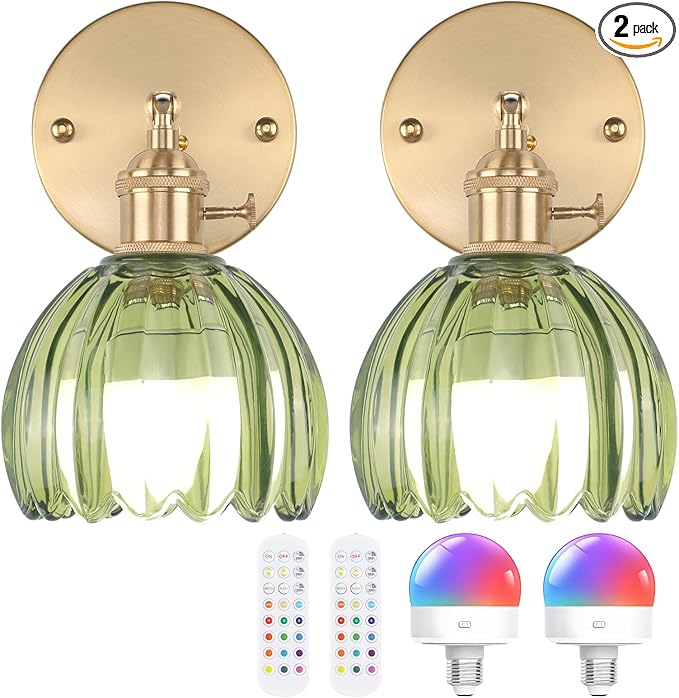 Vintage Battery Operated Wall Sconce with Cute Green Tulip Glass Lampshade Wireless Rechargeable Battery Powered Wall Light with Remote Control for Bedside Bedroom Doorway, Set of 2