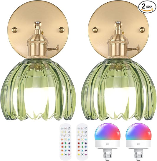 Vintage Battery Operated Wall Sconce with Cute Green Tulip Glass Lampshade Wireless Rechargeable Battery Powered Wall Light with Remote Control for Bedside Bedroom Doorway, Set of 2