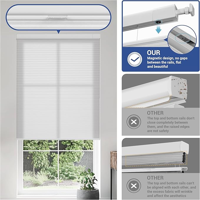 No Drill No Tools Cellular Shades Top Down Bottom Up Blackout Blinds for Windows Cordless Honeycomb Window Shades Easy to Install for Home,Light Filtering-White,59" W x 48" H