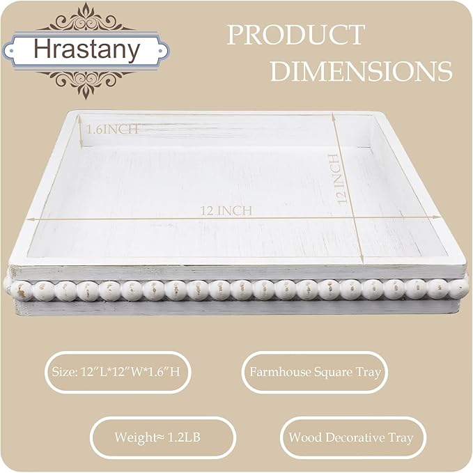 Square Wood Decorative Serving Tray, Rustic Coffee Table Tray for Ottoman,Kitchen Counter Organizer, Bedroom, Home Decor(Whitewashed)