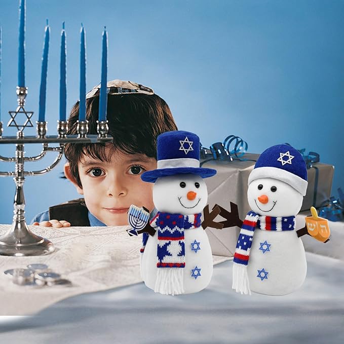 Hanukkah Decorations for Home Indoor, 2Pcs Snowman Plush Figurines with Menorah and Star of David, Jewish Gnomes Holiday Decor Chanukah Ornaments Shelf Table Display Gift Idea