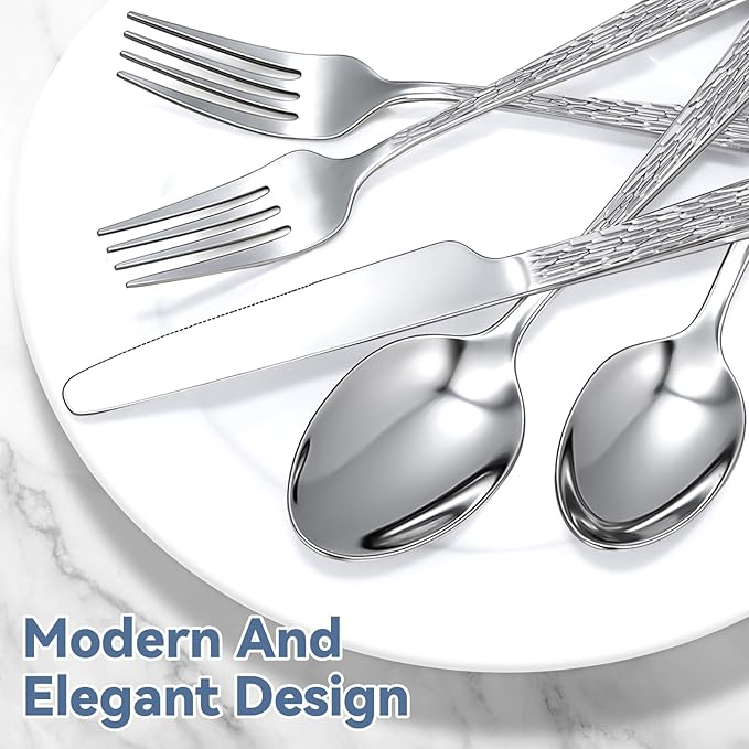 Yoehka 60-Piece Hammered Silverware Set for 12, Stainless Steel Flatware Set with Tree Pattern Handles, Mirror Polished Cutlery/Utensils Set for Home, Restaurant, Hotel, Dishwasher safe