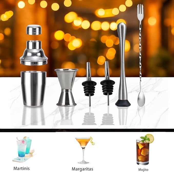 6 Piece 12oz Professional Cocktail Shaker Set with Built-in Strainer,Martini and Margarita Shaker for Home Bar, Boston Bartending Kit Gift for Beginners (350ml/12oz)