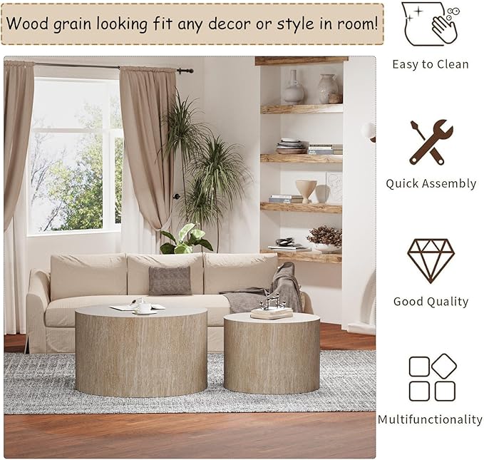 Modern Round Nesting Coffee Table Set of 2, Vertical Stripe Design Drum Coffee Table Cocktail Table, Round Side Table for Living Room, Bedroom, Office, Balcony (B19.68+26.77")