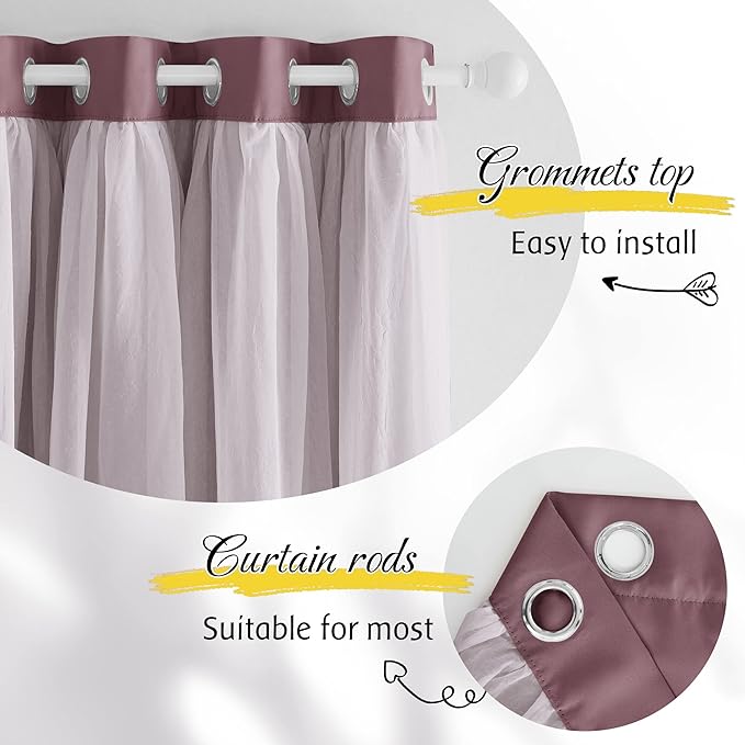 NICETOWN Living Room Curtains - Thermal Insulated Blackout Curtains with White Crushed Sheer Mix & Match Farmhouse Window Covering for Home Decoration with Tie Ropes, Dry Rose, W52 x L84, 1 Pair
