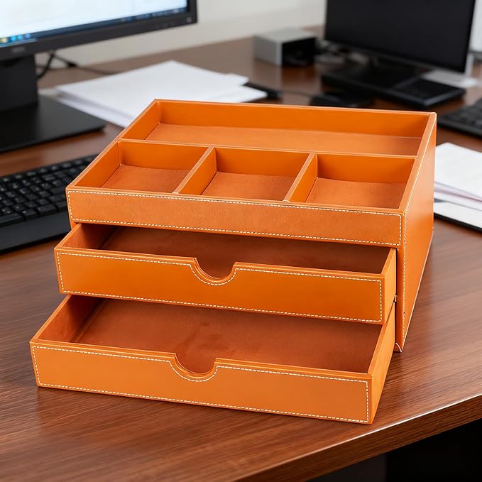 Household Multifunctional Desktop Storage Cabinet, Office file Cabinet Made of Leather, Drawers and Four Separate Organizers, Storage Box on the Bedside Table in the Room (brown)