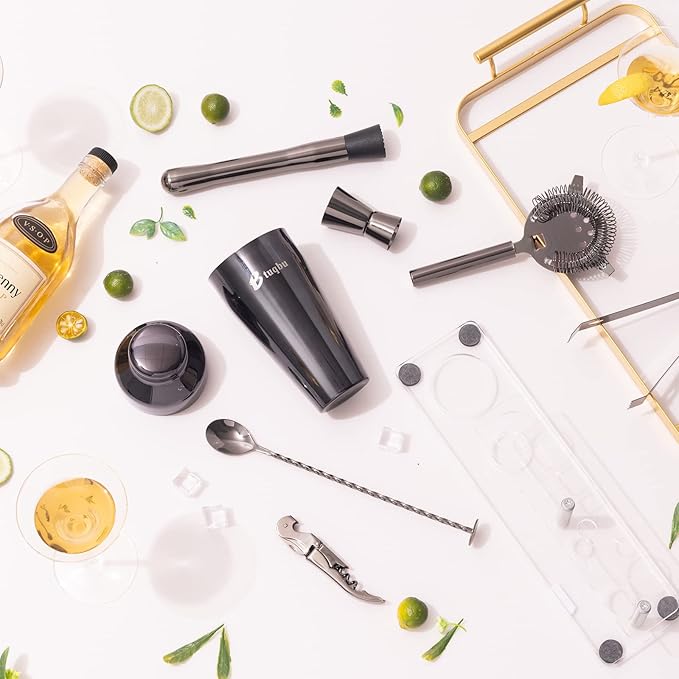 Cocktail Shaker Set with Arcylic Stand, Mixology Bartender Kit for Drink Mixing | Mixology Set with 7 Bar Set Tools Cocktail Kit (Black)