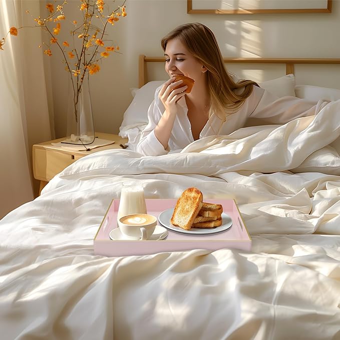 MAONAME Decorative Tray, Pink Serving Tray with Handles, Coffee Table Trays, Square Plastic Trays for Ottoman, Bathroom, Kitchen, 13"x13"x1.57"