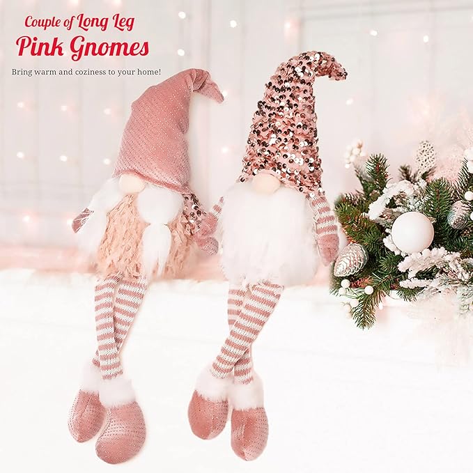 HMASYO Pink Couple Christmas Swedish Gnomes - 2Packs Handmade Swedish Tomte Santa Figurine Plush Elf with Sequin Hat, Long Leg Gnomes Plush Elf Xmas Decor Thanksgiving
