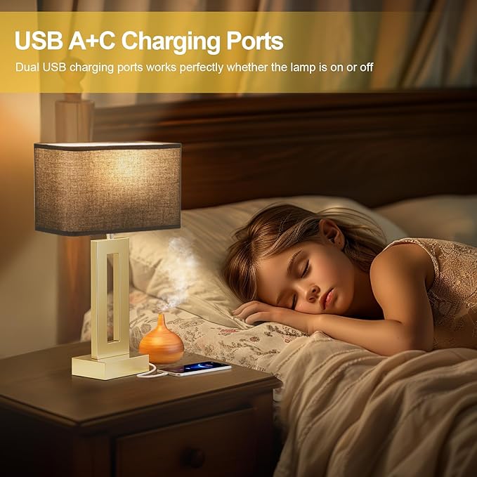 Bedroom Table Lamps Set of 2 - Black Gold Touch Bedside Lamps with USB C+A, 3 Way Dimmable Gold Lamp for Nightstand, Modern Night Stands Lamps for Living Room