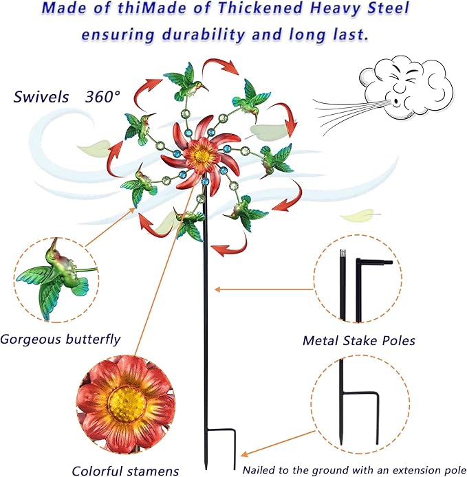 39" Hummingbird Wind Spinner for Yard and Garden Stake,Outdoor Metal Windmill Single Direction Wind Sculptures Kinetic Windmills for Yard Garden Decorations