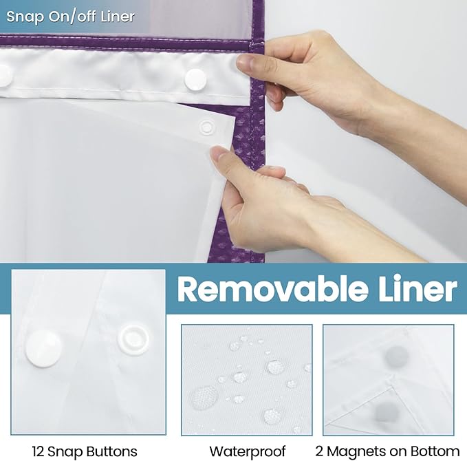 Purple Hotel Style Shower Curtain with Snap in Liner - 230GSM Waffle Textured,Hotel Grade,Spa Like Bath Curtain,71W x 74H