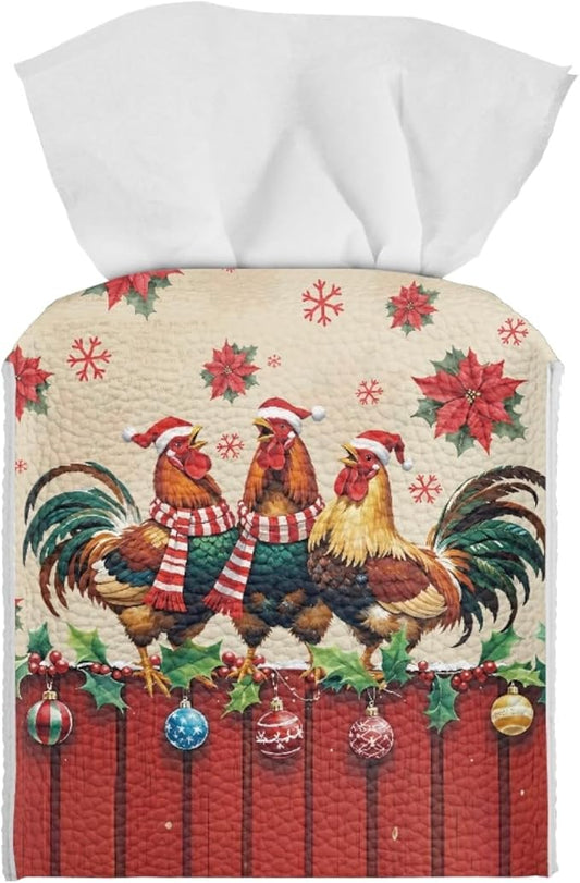Christmas Tissue Box Holder Square PU Leather Tissues Cube Box Cover Modern Decorative Rooster Poinsettia Facial Napkin Holder Case for Car Kitchen Bedroom Bathroom