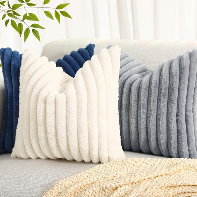 decorUhome Faux Fur Throw Pillow Covers 24x24 Set of 2, Decorative Soft Plush Striped Neutral Couch Euro Pillow Covers with Velvet Back for Sofa, Bed, Living Room Home Decor, Grey