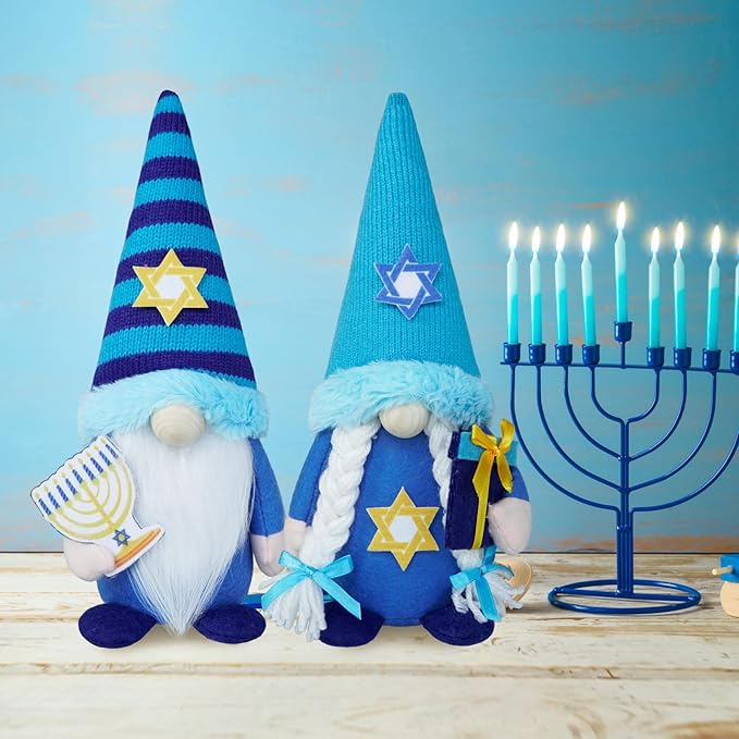 Hanukkah Gnomes Decorations for Home- Jewish Gifts Plush Gnome with Chanukah Menorah- Hanukkah Decorations Indoor for Office, Party, Tiered Tray Decor