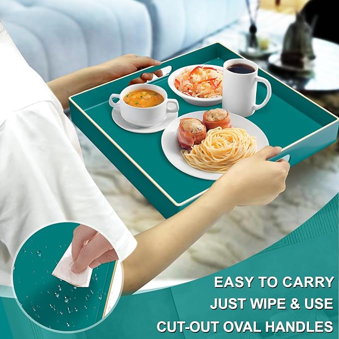 MAONAME Decorative Tray, Green Serving Tray with Handles, Coffee Table Tray, Square Plastic Tray for Ottoman, Bathroom, Kitchen, 13"x13"x1.57"