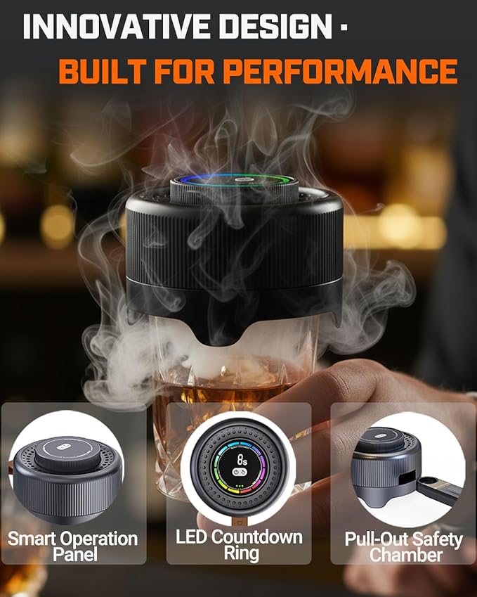 Electric Whiskey Smoker Kit with LED Timer Ring, Adjustable Smoke Levels, Rechargeable Cocktail Smoker Kit with 6 Wood Chips, Old Fashioned Smoker Kit, Bourbon Drink Gifts for Men, Dad, Husband