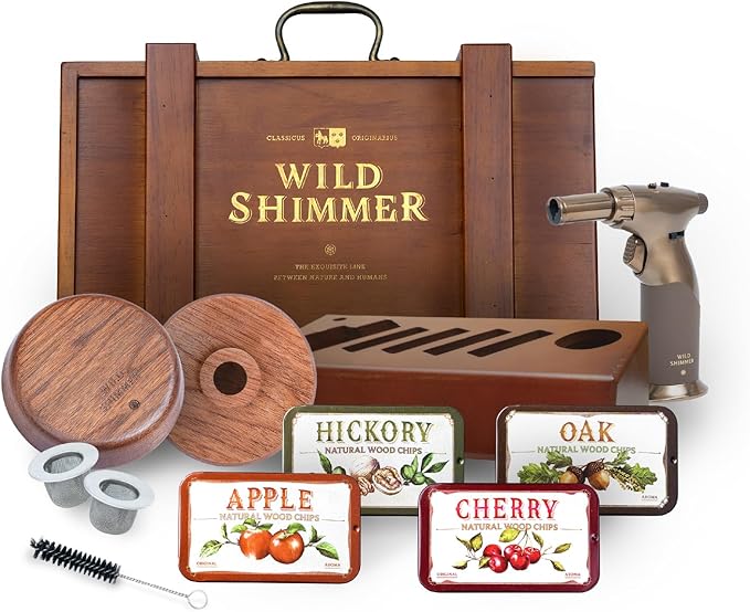 Cocktail Whiskey Smoker Kit with Torch, Wooden Box & Stand | Premium USA Walnut Smoker & 4 Flavors Natural Wood Chips | Old Fashioned Smoker Kit | Bourbon Gifts for Men