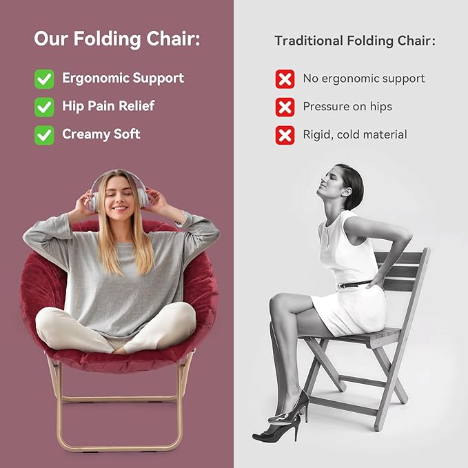 Magshion Saucer Chair for Adults, Comfy Living Room Lounge Chair for Bedroom Corner, Dorm, Apartment, Faux Fur Fluffy Circle Accent Seat with Thick Padded & Folding Metal Frame (Burgundy, Set of 2)