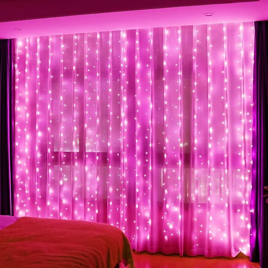 HXWEIYE 300LED Fairy Curtain Lights, 9.8x9.8Ft Pink USB Plug in 8 Modes Timer Christmas String Hanging Lights with Remote for Bedroom Backdrop Wedding Party Home Wall Garden Outdoor Indoor Decor