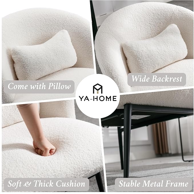 Modern Accent Chair Set of 2, Upholstered Sherpa Fabric Side Chair Guest Chair with Small Pillow Black Metal Legs, Comfy Lounge Chair for Living Room Bedroom, White