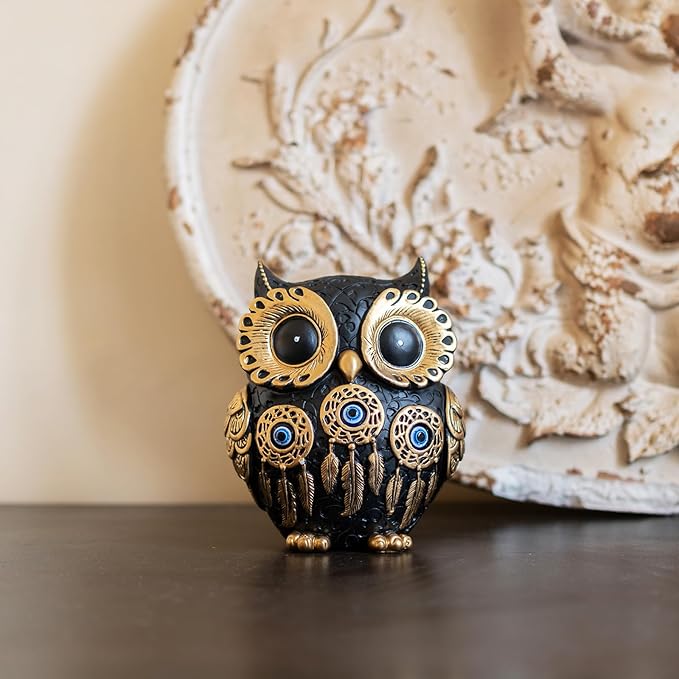 Vintage Black Owl Statue Home Decor - Evil Eye Accent for Bookshelf, Bedroom, Living Room, Office & Table. Cute Small Animal Sculpture Gift for Owl & Birds Lovers