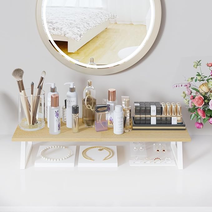 TEAMIX 31.5 inch Dual Monitor Riser - Wide TV Stand for 2 Monitors - Wood & Steel Desktop Riser for Dual Screen Office Desk Organization