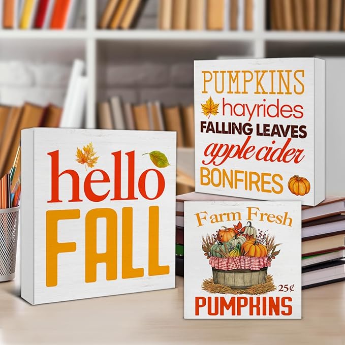 3 Pcs Fall Wood Signs Decor Autumn Wood Block Signs Farmhouse Hello Fall Pumpkins Wooden Box Signs Decorations for Home Tiered Tray Desk Table Shelf