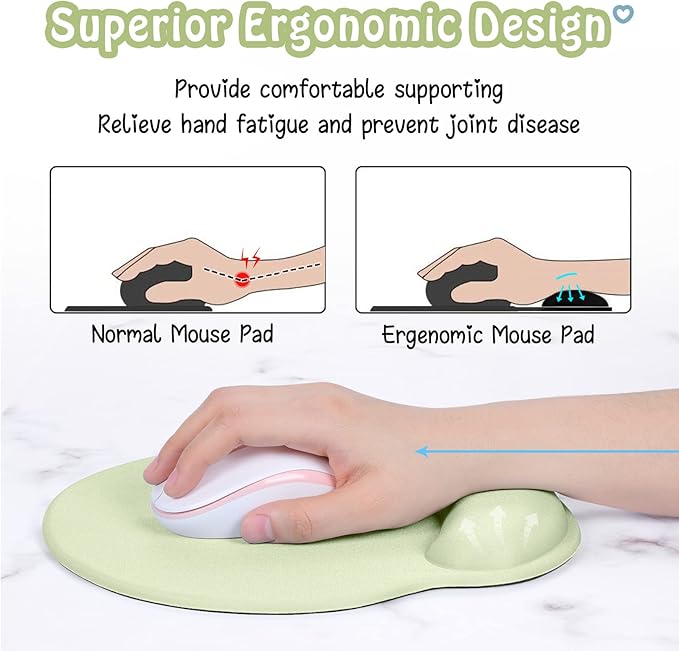 Hsurbtra Ergonomic Mouse Pad with Wrist Rest Support, Gel Mouse Pads with Non-Slip PU Base, Pain Relief Memory Foam Computer Mat, Cute Office Supplies Desk Decro Accessories, Lake Green