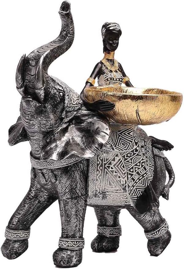 African Design Silver African Elephant and Tribal Lady Figurines with Tribal Totem, Animal and Women Decor Art Sculptures, Holder Statues for Home and Table Decor 911-Black
