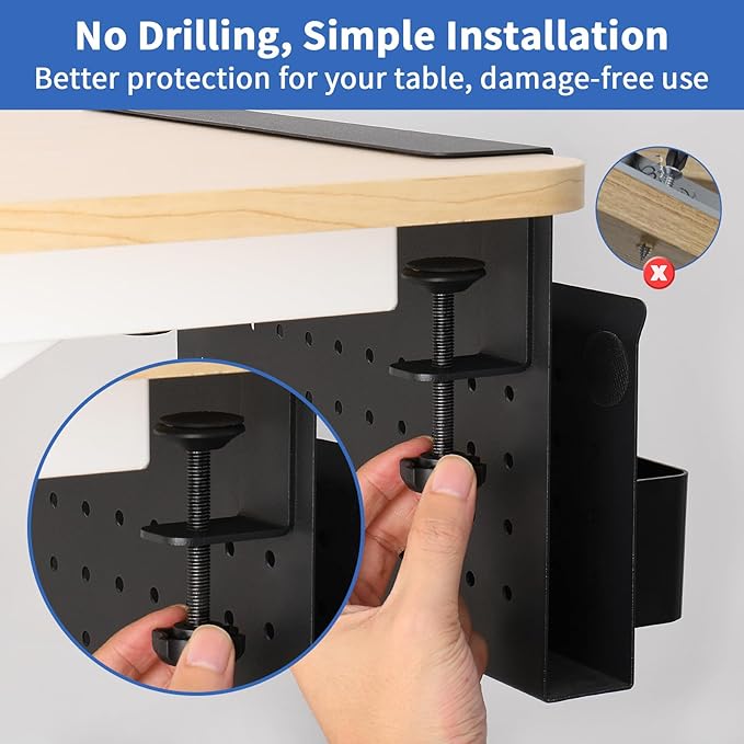 LUKETURE Desk Side Storage, No Drill Laptop Side Desk Mount, Steel Hanging Organizer, with Pegboard Accessories, Clamp on Laptop Holder for Office and Home, Fits Flat Edge Tables 0.3" to 2.8"