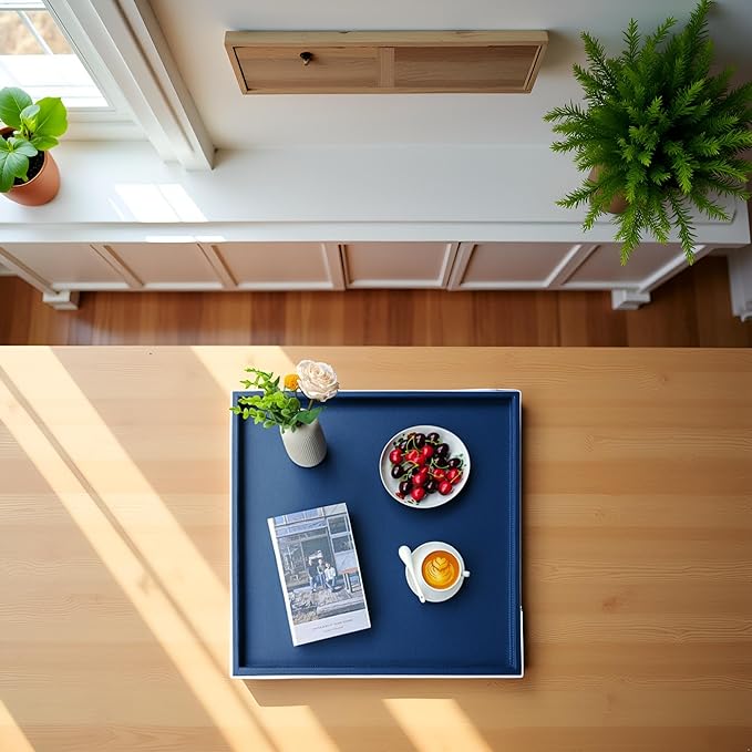 25 * 25 Inch Rectangular Ottoman Tray | Textured PU Leather, Waterproof & Heat-Resistant Storage for Coffee/Dining Tables, Sofa, Bed, Entertainment & Party (Navy Blue, 25 * 25in)