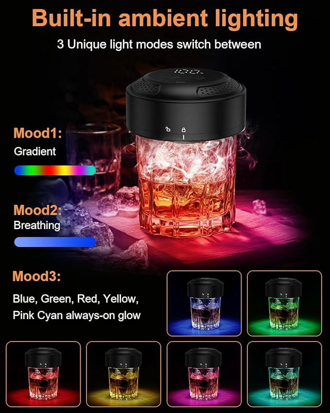 Electric Whiskey Smoker Kit, Old Fashioned Smoker Kit with 6 Wood Chips, Built-in Lighter & Ambient Light, Gifts for Men Dad Husband Whiskey Lovers (Birthday/Christmas)