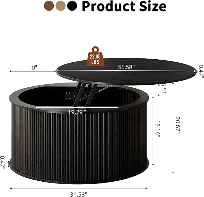 Lift Top Coffee Table, Fluted Round Coffee Table with Storage, Farmhouse Center Dining Table Circle Table for Living Room, Apartment, Home Office (Black)