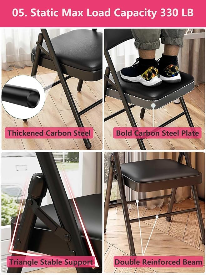 Black Padded Folding Chairs with Cushion 4 Pack, Heavy Duty Steel Metal Frame Foldable Chair for Indoor and Outdoor, Portable Stackable Commercial Seat for Bedroom Patio Party Event