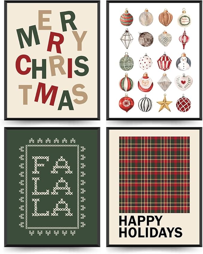 ETVISO Christmas Decor, Merry Christmas Wall Art Prints Set of 4, Retro Vintage Xmas Poster, Funny Winter Holidays Gift Print Decor for Gallery Living Room Bathroom, 8x10 (Unframed)