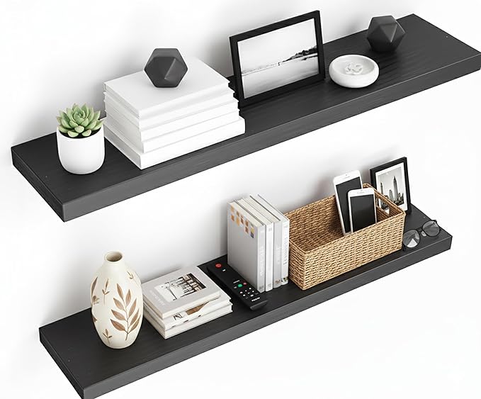 Lufia Floating Wall Shelves, Set of 2, MDF with Invisible Brackets, Modern Storage for Bedroom, Bathroom, Living Room, Kitchen (Black, 32" W x 7" D x 1.5" H)