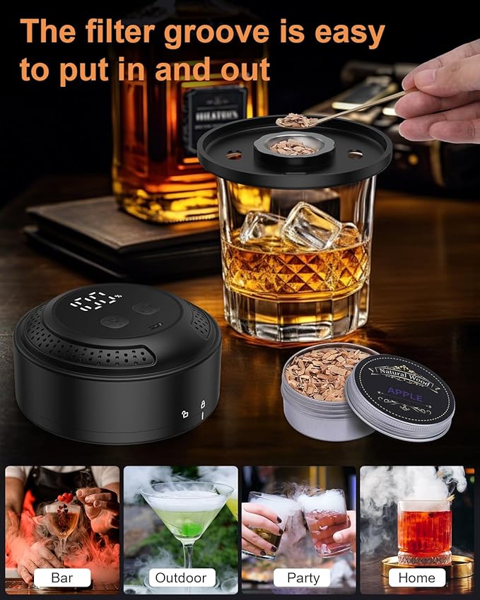 Electric Whiskey Smoker Kit, Old Fashioned Smoker Kit with 6 Wood Chips, Built-in Lighter & Ambient Light, Gifts for Men Dad Husband Whiskey Lovers (Birthday/Christmas)