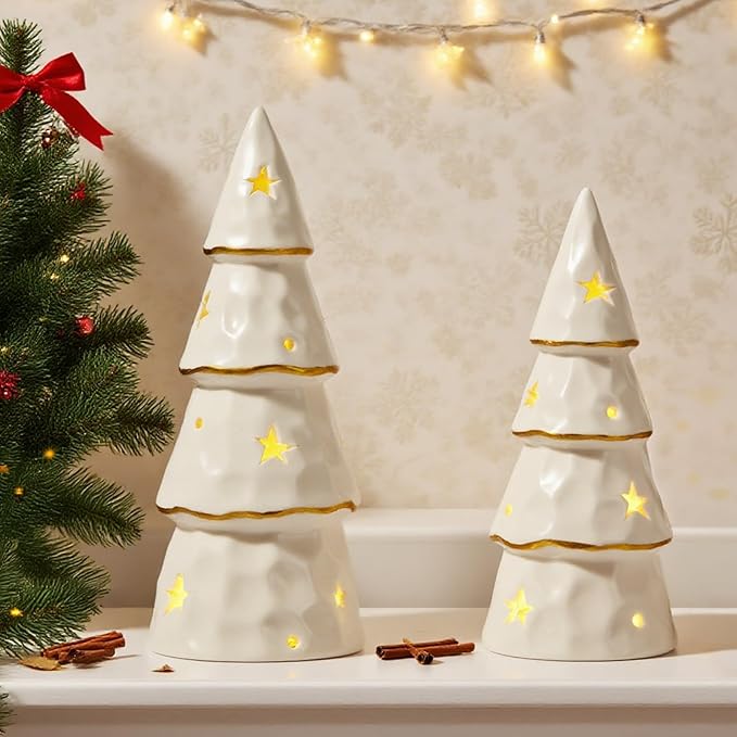 DN DECONATION White Christmas Ceramic Tree with Lights, Prelit Porcelain Tabletop Xmas Trees, 2Pcs Battery-Operated Christmas Tree Figurines for Christmas Mantel Desk Table Centerpieces Decor