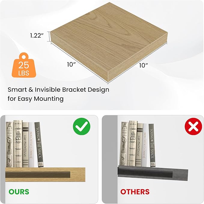 Square Floating Shelves for Wall, 10" W x 10" D x 1.2" H, Small Wooden Wall Mounted Display Shelves with Invisible Brackets for Living Room, Bedroom, Bathroom, Kitchen Decor, Set of 4, Oak